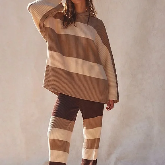 Free People Beach NWT Kami Hooded Sweater Set Womens Small Brown/Cream Oversized - Picture 1 of 15